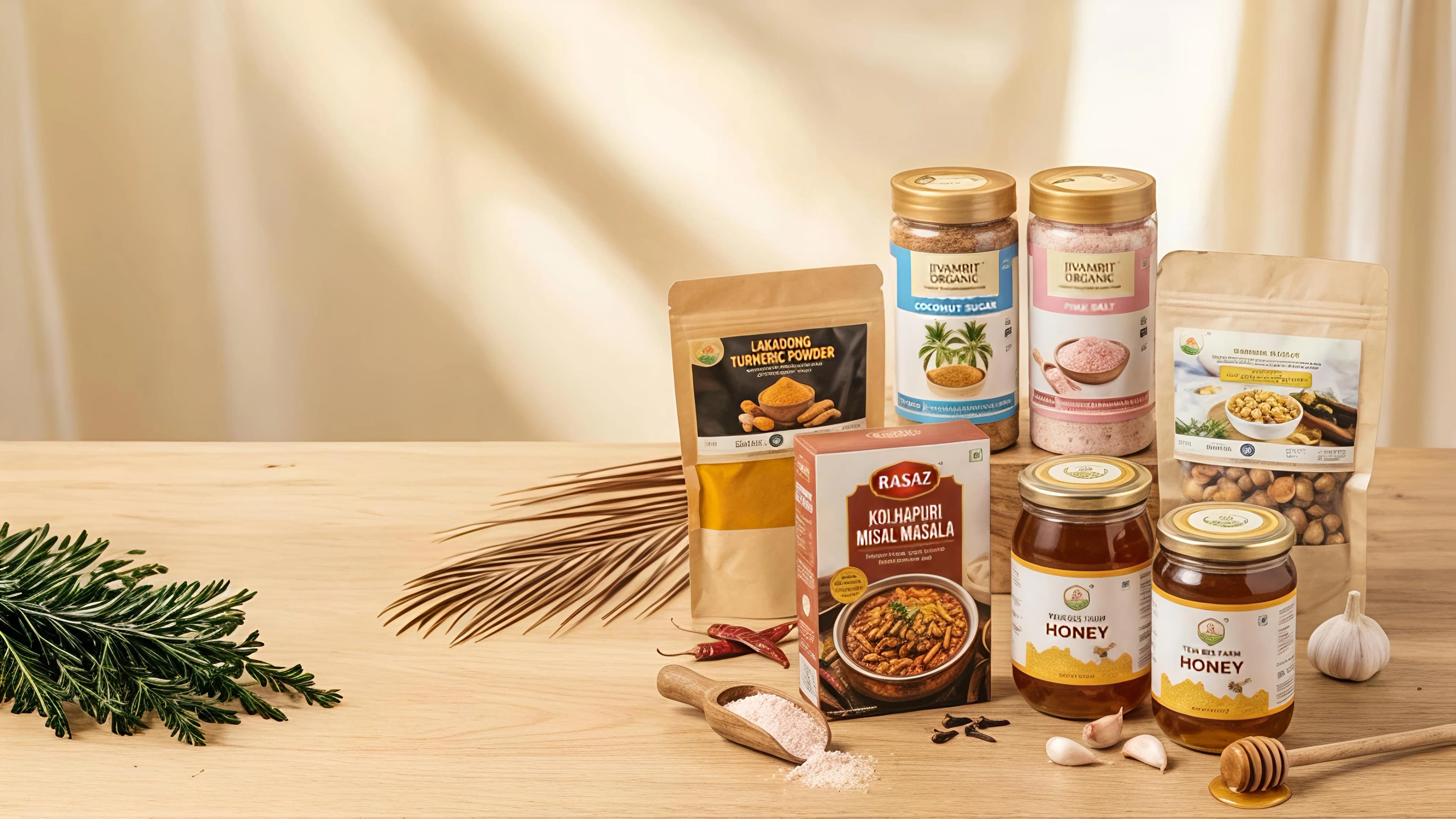 Assortment of organic millet products, spices, and honey